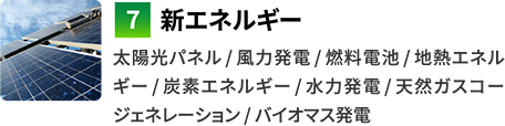 7新エネルギー　太陽光パネル / 風力発電 / 燃料電池 / 地熱エネルギー / 炭素エネルギー / 水力発電 / 天然ガスコージェネレーション / バイオマス発電