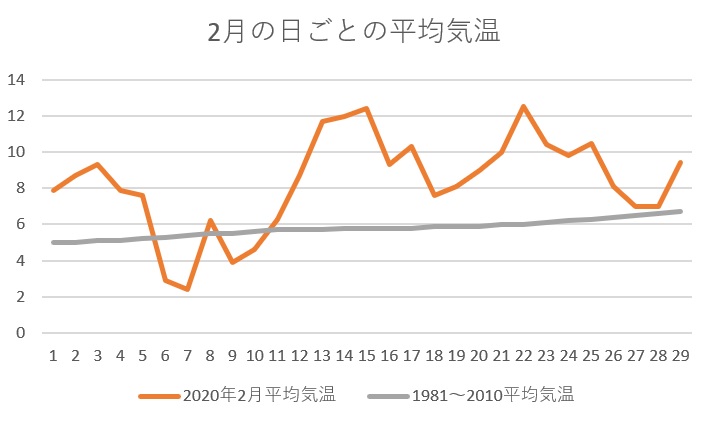 2020年の2月の平均気温